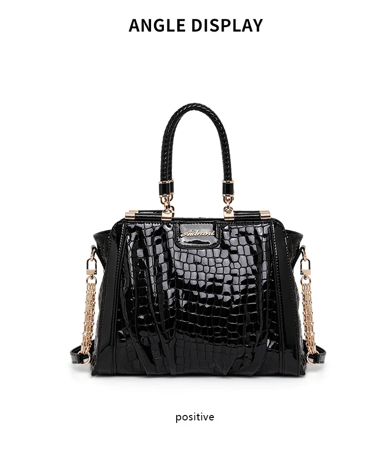 Aidrani Neue Glänzende Kroko-Muster Lackleder Handtasche für Damen mit Geflochtenem Griff und Metallkette, Crossbody Alltagstasche – Detail 8