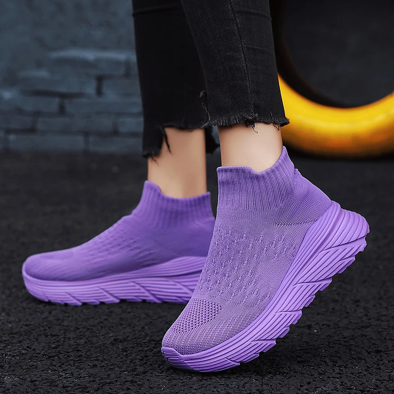 High Top Purple Sock Sneakers For Men Fashion Platform Men\'s Running Shoes Lightweight Breathable Knit Casual Sports Shoes Women