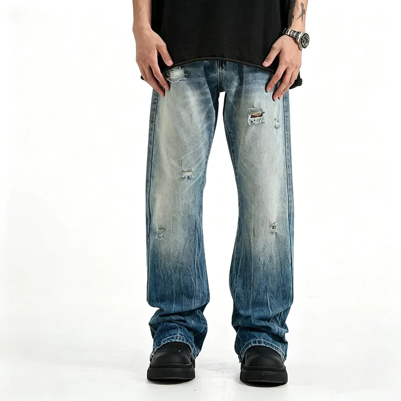 Men Gradient Wash Ripped Flare Jeans Vintage Distressed Faded Whisker Loose Bootcut Hip Hop Streetwear Casual Denim Trousers