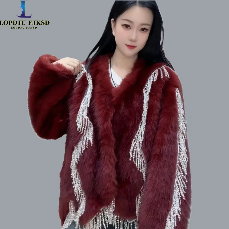 Faux Fur Coat for Women,Covered Button Jacket, Thick Warm Clothes,Sweet Style,High Quality,Beading,Autumn and Winter,2024