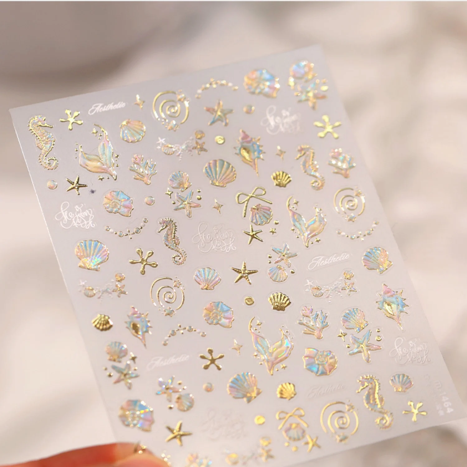 Seahorse Spiral Conch Starfish Golden Marine 5D Nail Art Stickers Pearl Chain Bow Cursive Words Self Adhesive Art Decal Manicure