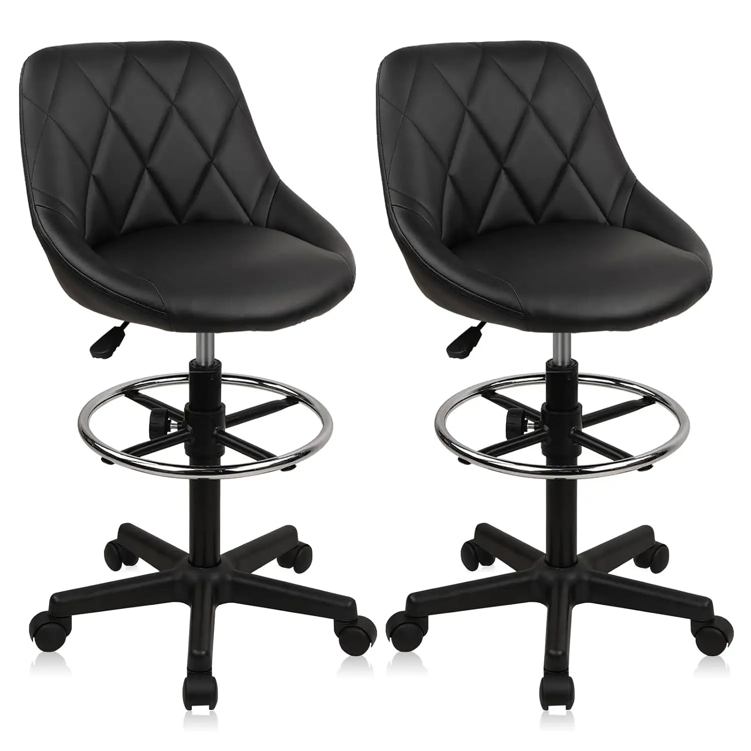 Drafting Stool with Backrest & Wheels, PU Leather Swivel Tall Chair with Footrest for Office Bar Workshop, Set of 2, Customized