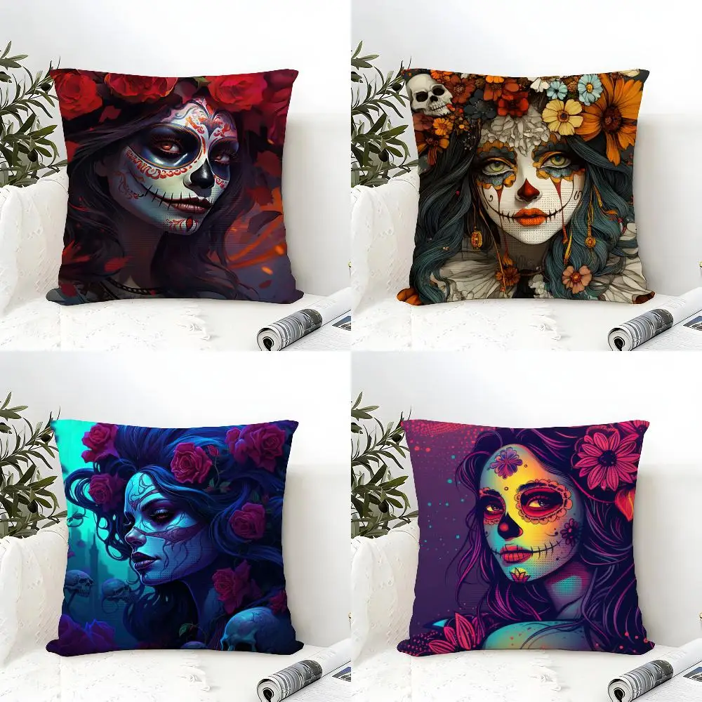 Sugar Skull Girl Cushion Cover Eco Linen Pillow Case Double-Sided Print Breathable Durable Zipper Home Decor Gift