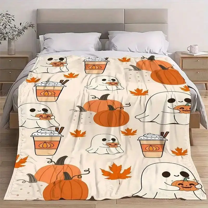 Cute Autumn Flannel Blanket with Pumpkin and Maple Leaf Print, Warm Sofa for Bedroom, Halloween Gift