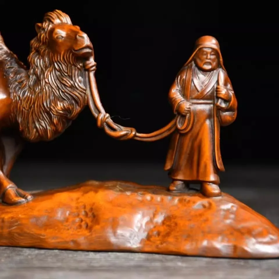 Old Boxwood Carved Desert Camel Statue Figure Animal Home Decor Collections