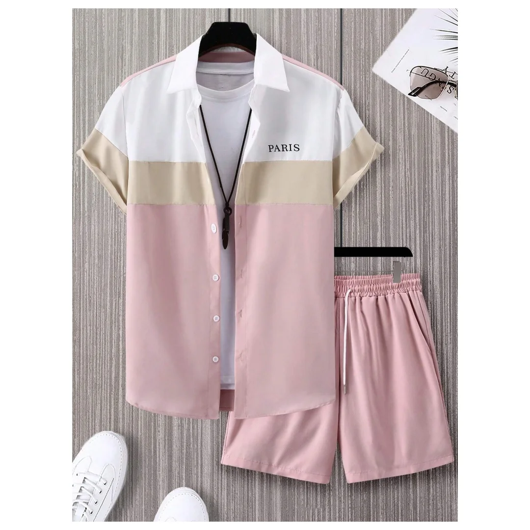 Men's Fashion Suit Blue And White Patchwork Color Single-breasted Short-sleeved Lapel Shirt And Shorts y2k Men's Two-piece Suit