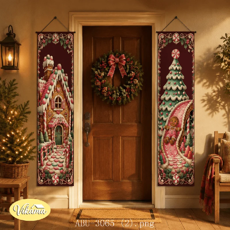 VIKAMA Vintage Christmas Door Couplet Tapestry Snowy Pine Aurora Gingerbread Front Door Porch Entryway Home Holiday Decor