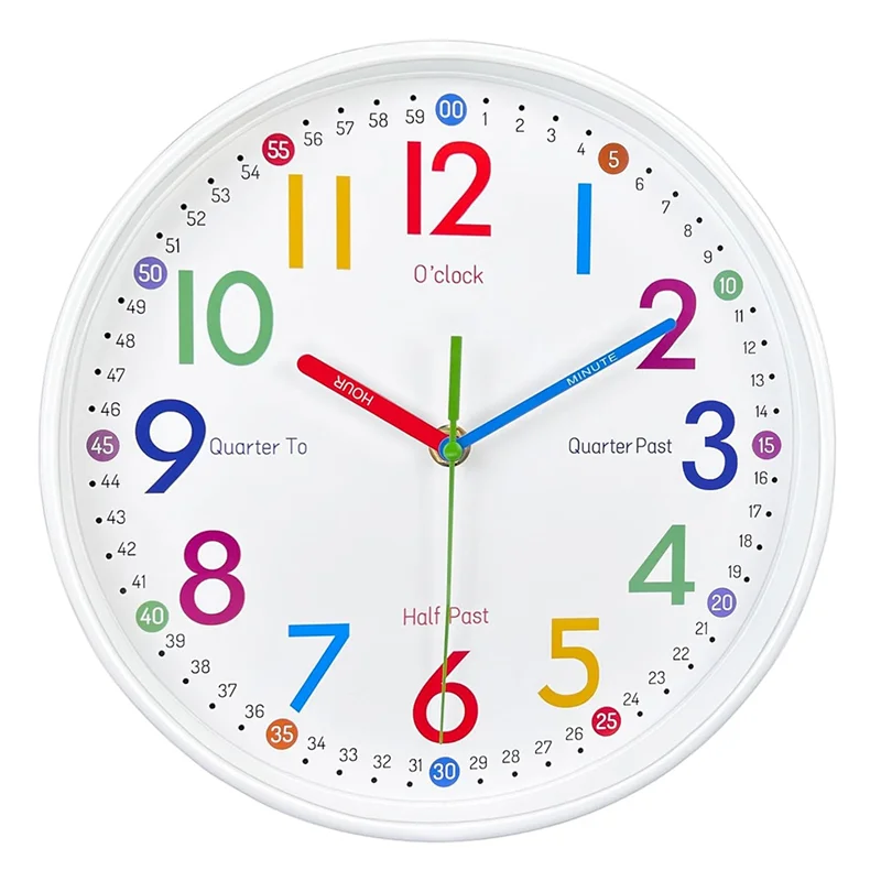

Teaching Time Clock For Kids-Learning Clock-Non-Ticking, Battery Operated, Silent, Colorful, Telling Time Easily