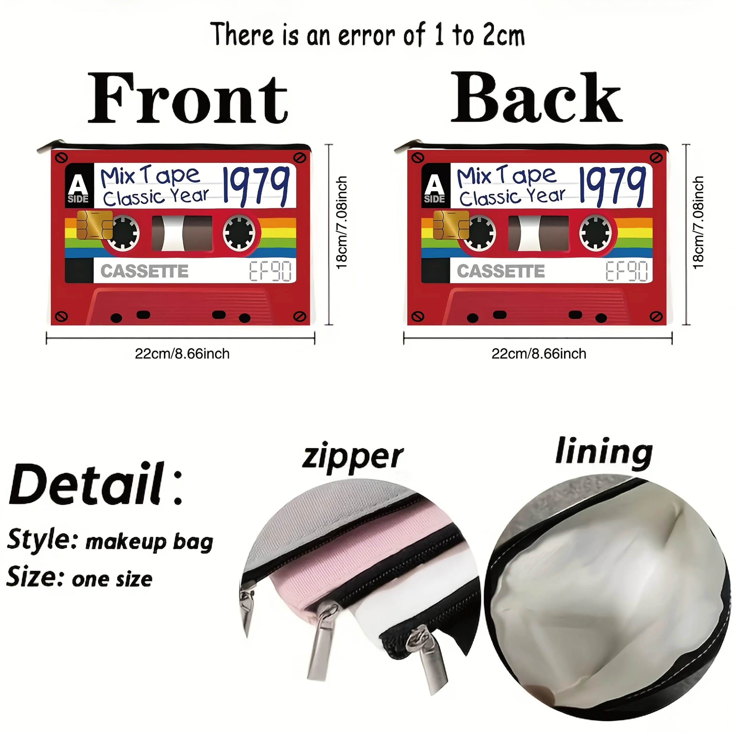 Vintage Cassette Tape Design Foldable Travel Toiletry Bag - Retro Mix Tape Style, Lightweight Durable Fabric, Zipper Closure, Ma