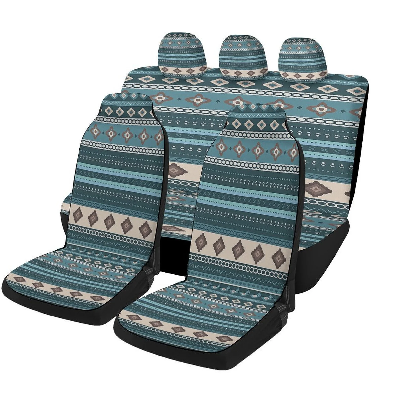 Geometric Ethnic Pattern Car Seat Cover Set - Trendy Novelty High-Quality Full Set For 2 Front & Rear Seats, Machine Washable, A