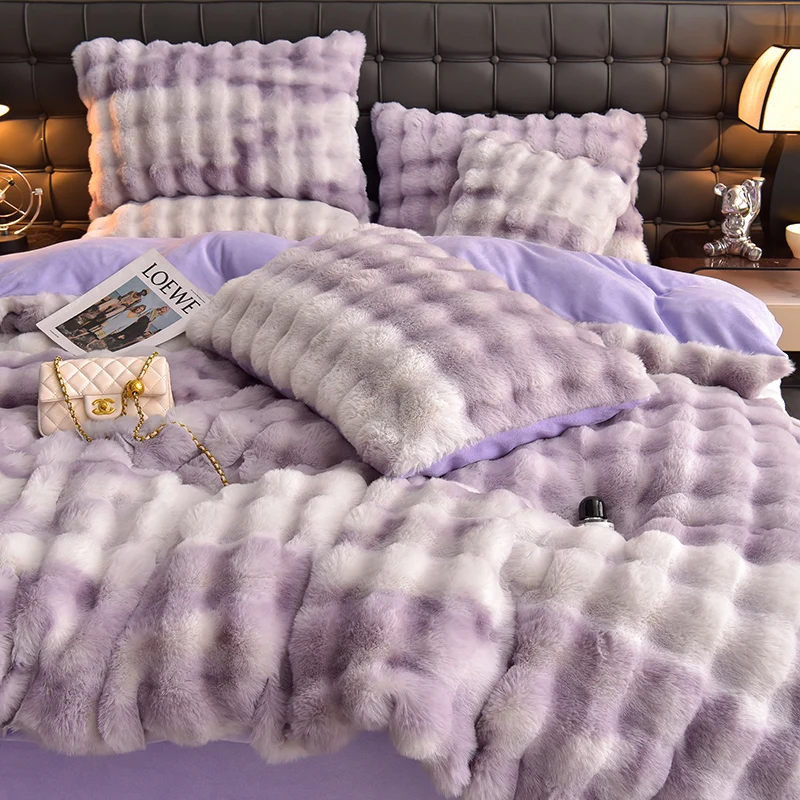 2024 new light luxury rabbit velvet four-piece set thickened warm milk velvet rabbit hair tie-dye bed sheet quilt cover