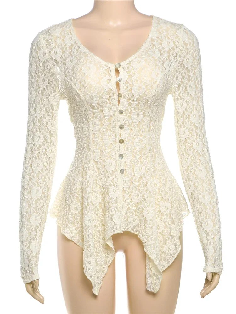 Kliou Francuskie Haftowane Damskie Topy Hipsterskie Nieregularne Plisowane Długi Rękaw Dekolt V Jednorzędowe Koszulki Damskie Jesienna Odzież Uliczna