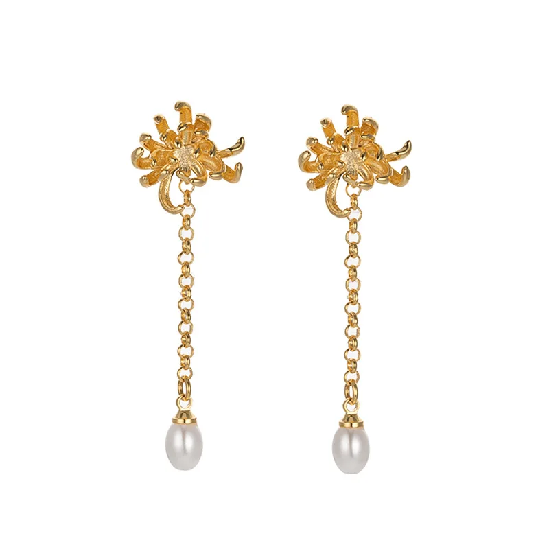 

Trendy Chinese style dark incense branch gold-plated classical Chinese style, chrysanthemum, imitation freshwater pearl earrings