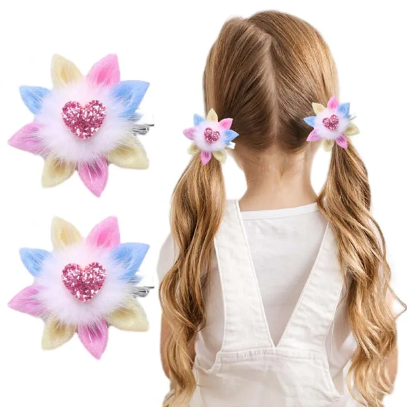 ncmama New Faux Fur Hair Clips for Baby Girls Cute Glitter Heart Hairpin Barrettes Kids Headdress Boutique Hair Accessories Gift