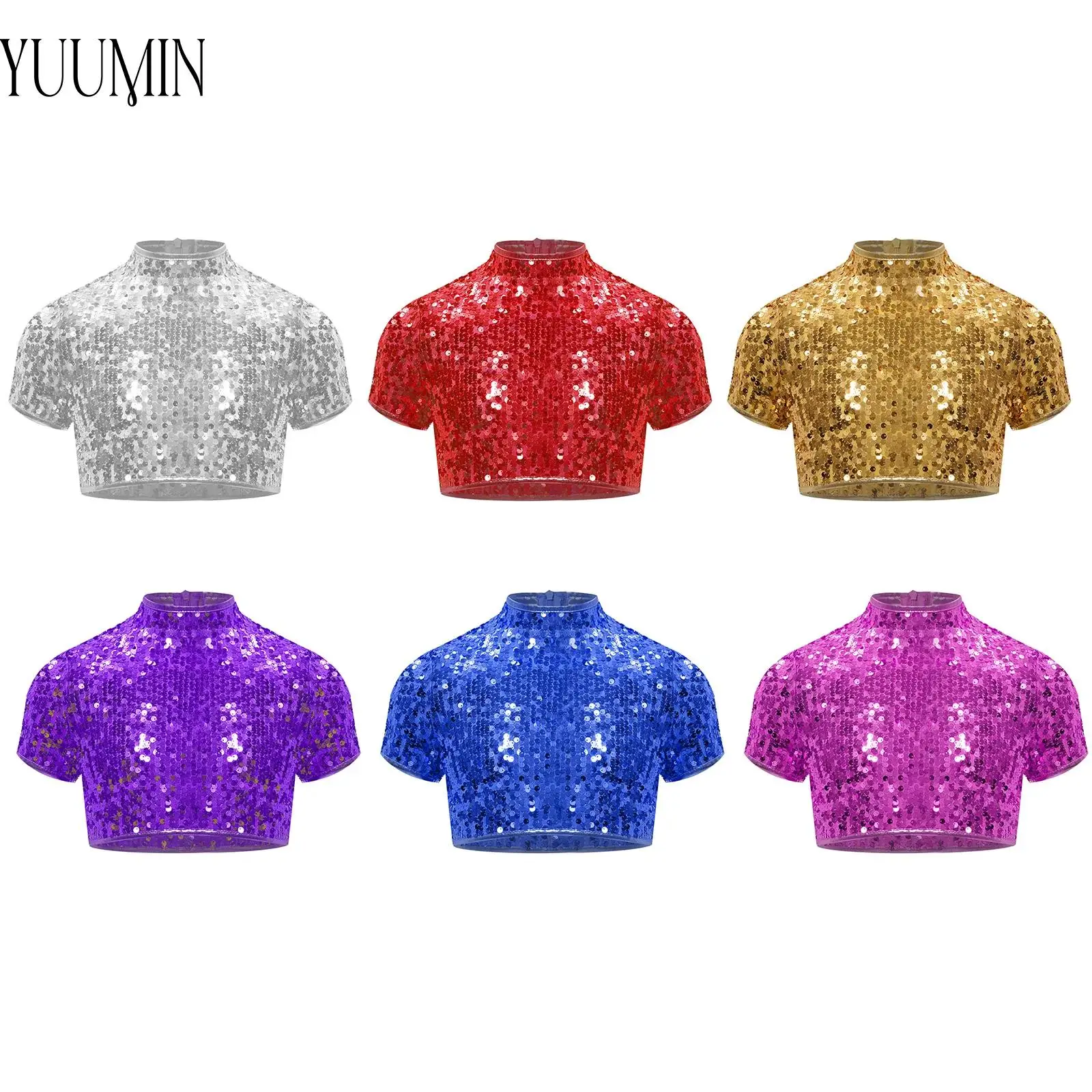 Kids Girls Cheerleading Shiny Dancewear Hip Hop Jazz Dance Performance Costume Mock Neck Short Sleeve Sparkly Sequins Crop Top