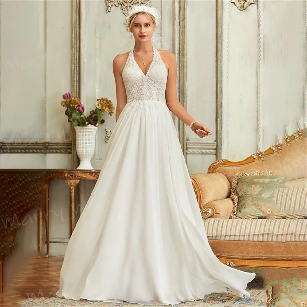 Gaun pernikahan wanita garis A Modern gaun pengantin renda applique sederhana Vestidos tanpa lengan leher Halter populer baru