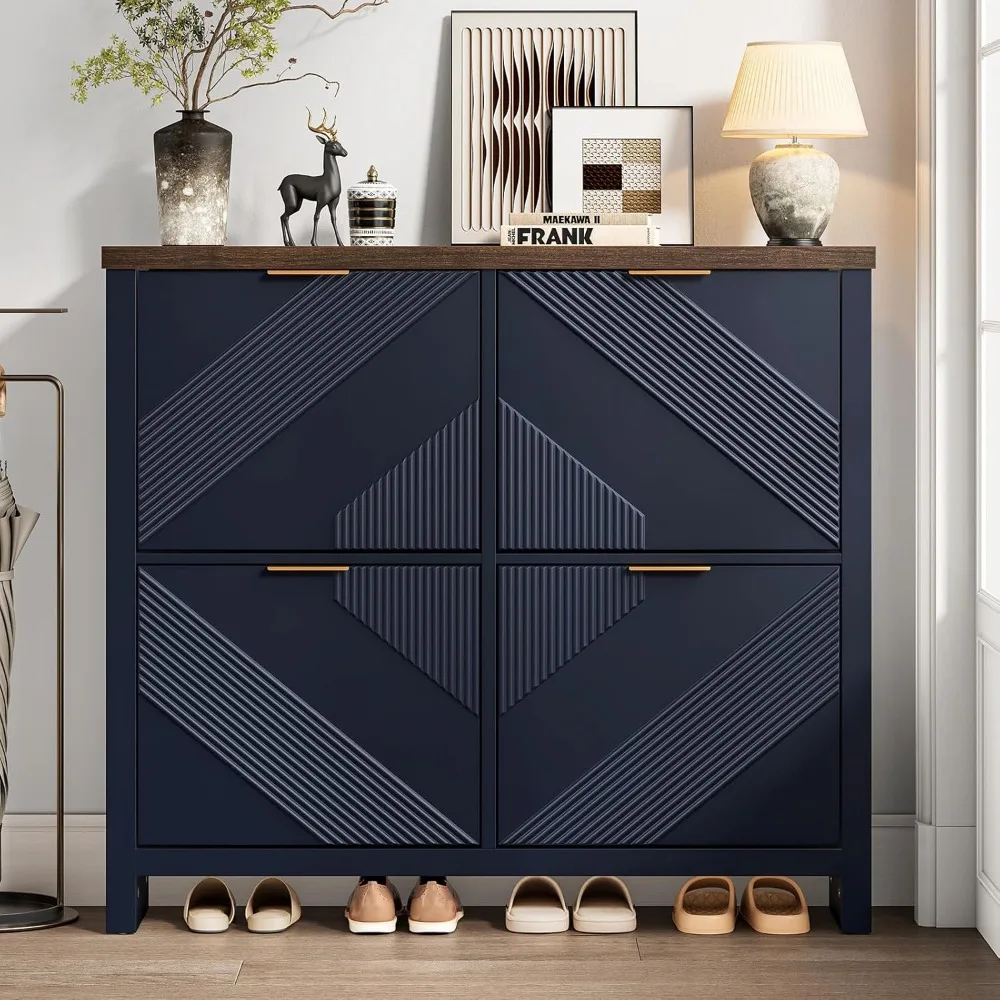 

Shoe Cabinet with 4 Flip Drawers, Narrow Shoe Organizer with Symmetric Groove Pattern, Freestanding Wood Hidden Shoe Sto