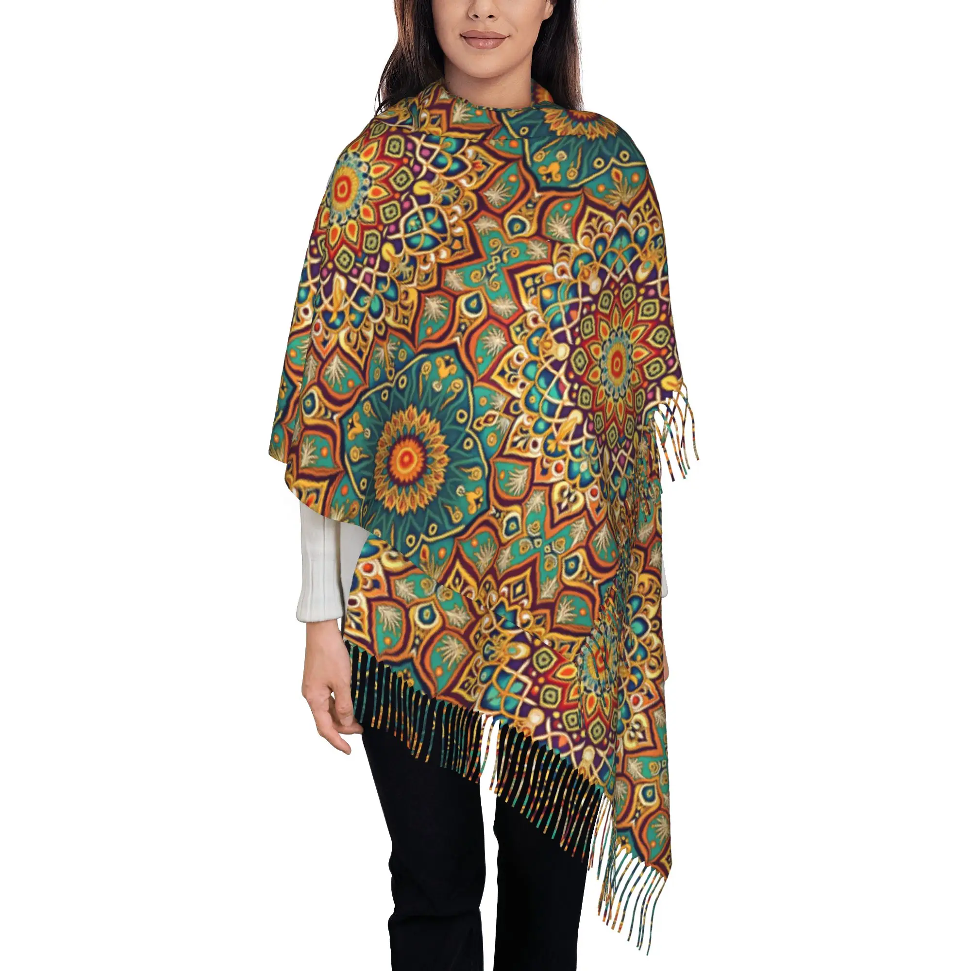 Custom Ladies Large Vibrant Multicolor Boho Ethnic Mandala Scarves Women Winter Thick Warm Tassel Shawl Wrap  Scarf