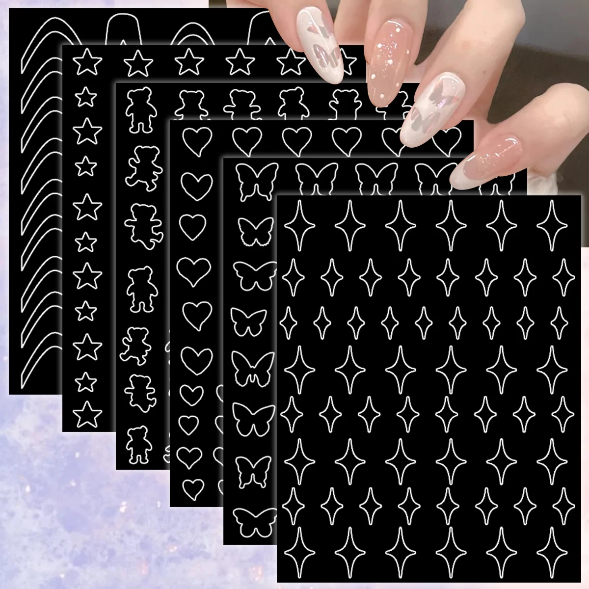 3/6/12 Sheets Heart Butterfly Sparkle Bear Star French Tip Nail Art Stencils Self-Adhesive DIY Manicure Nail Guide Stickers