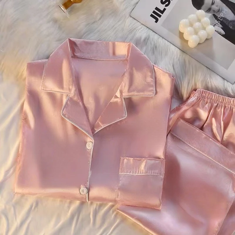 Ice Silk Pajamas Ladie Long-sleeved Thin Korean Version of The Casual Large Size Homewear Two-piece Set Spring Summer   Homewear