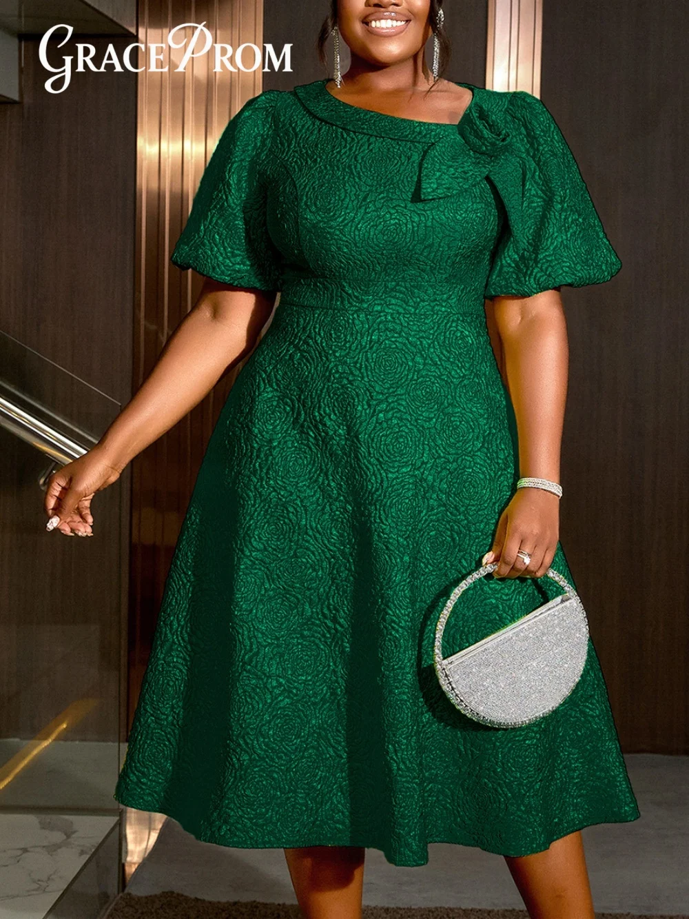 

Новое женское платье 2026 года: зеленое жаккардовое, элегантное, А-силуэт, с короткими рукавами, 3D цветочным узором и пышными рукавами-фонариками. Идеально для дня рождения, свадьбы, для гостей.