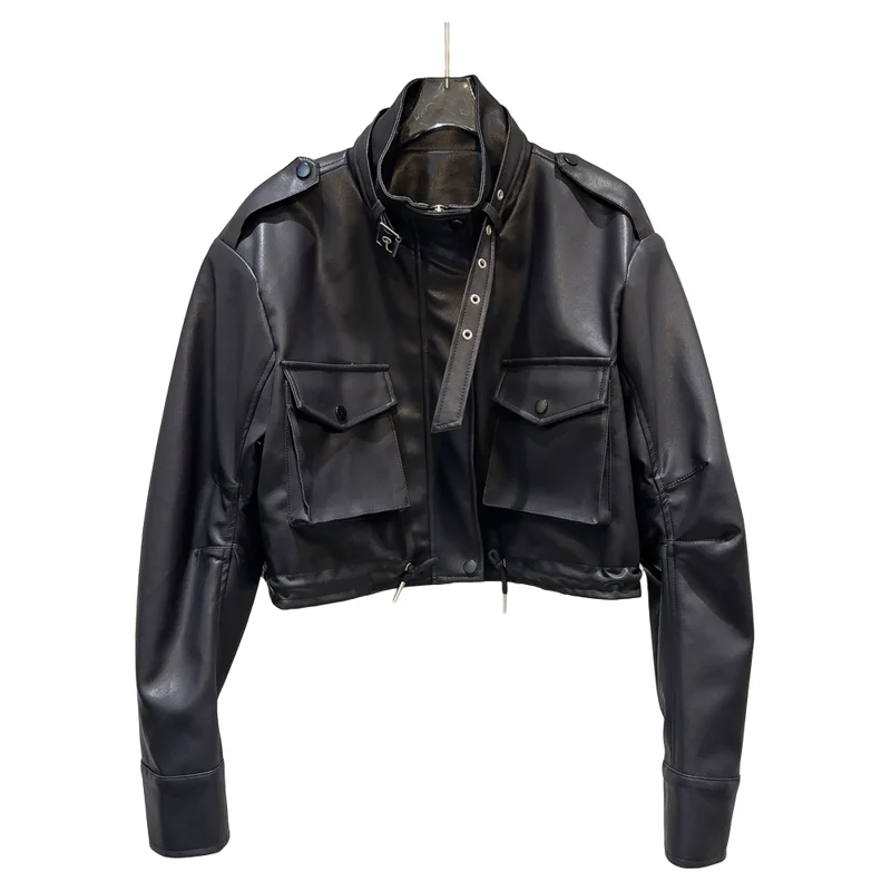 Street Sle American Hot Girl col bleu vêtements de travail ket cuir PU Jaet ort longueur longue Sve coupe ample manteau pour femmes