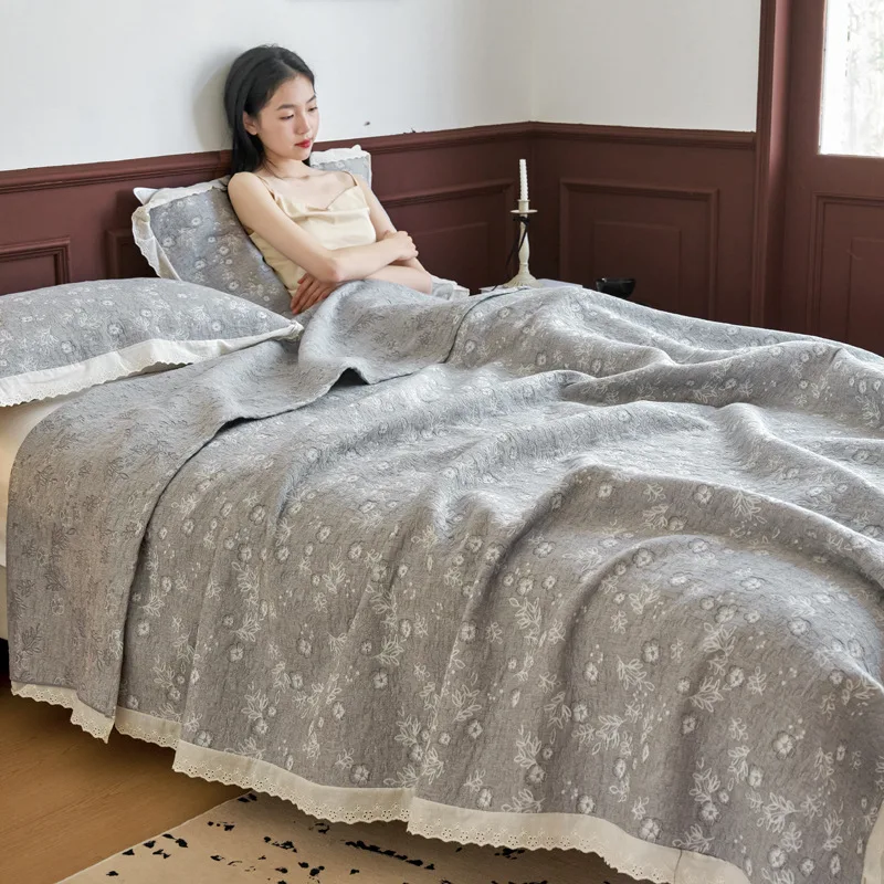 3-Piece Cotton Jacquard Quilt Bedspread Set | Summer Lightweight Coverlet w/ Lace Trim | Solid Color Sofa & Bed Blankets