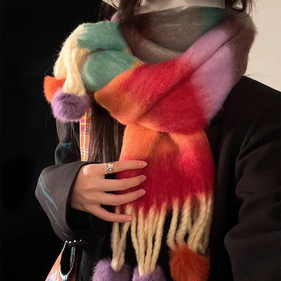 

2024 Colorful Striped Scarf with Ball Scarf Neckband Autumn Winter Warm Thickened Rainbow Kawaii Mohair Cashmere Scarf