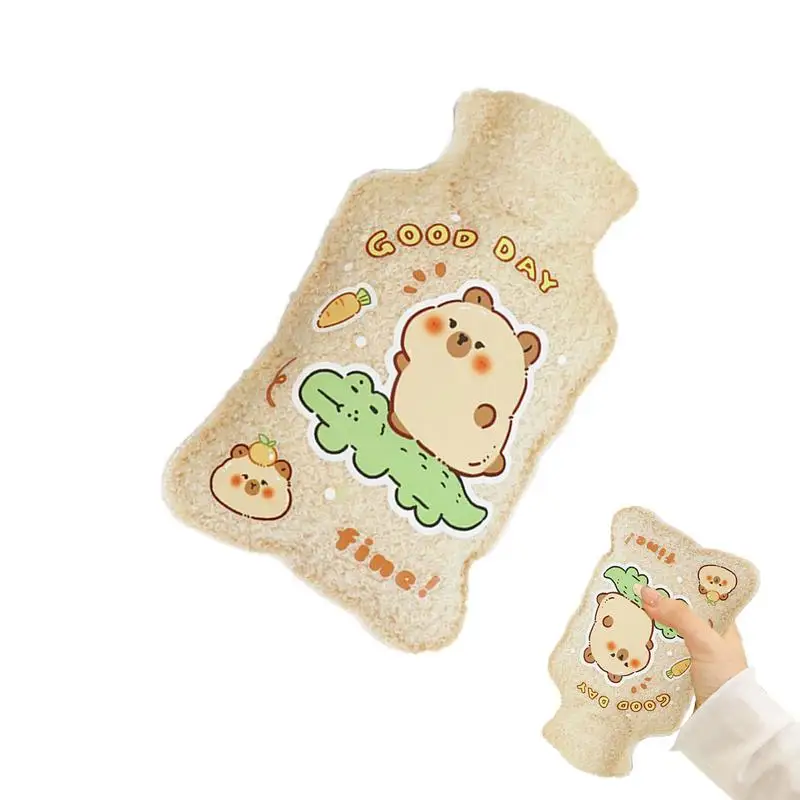 Small Hot Water Bottle Cartoon Animal Pattern Hot Water Bottle Hand Feet Warmer Heating Pad Soft Plush Water-Filled Hot Compress