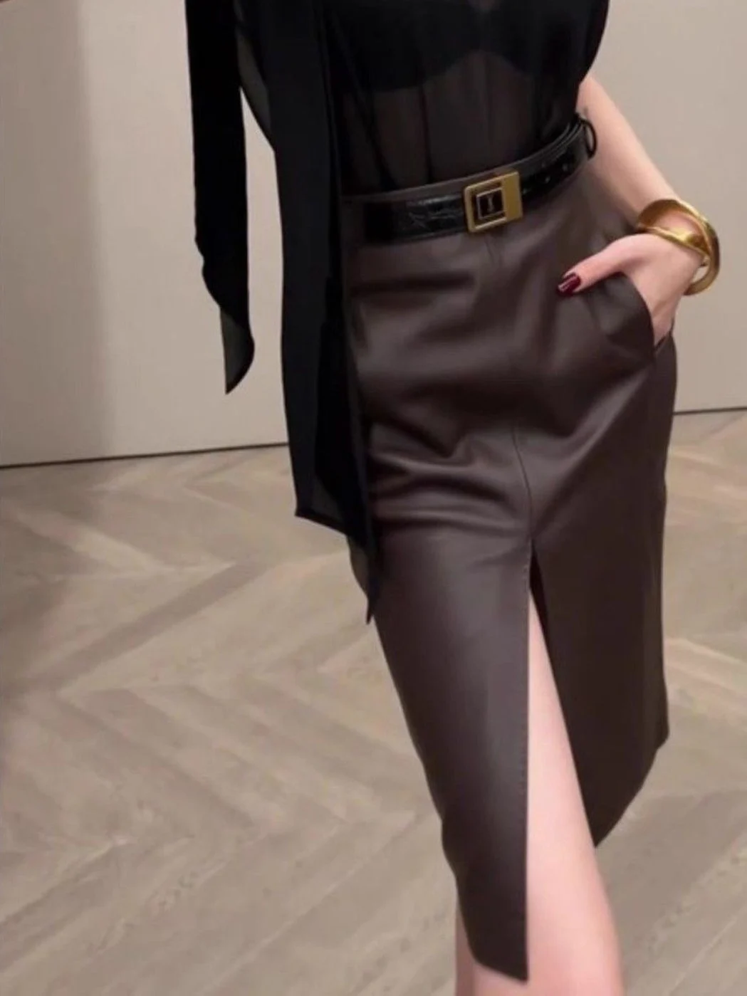 High Waist PU Leather  Skirt Women's Fashionable Versatile Belted Bodycon Slimming Spring Autumn Season Zipper Closure