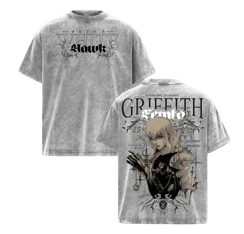 Anime Berserk Griffith Femto Printed Tee Men Women Washed Cotton T-shirts Short Sleeve Vintage T Shirt Harajuku Oversized Tshirt