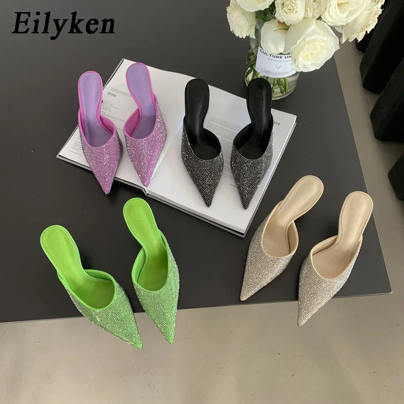 Eilyken Fashion CRYSTAL Women Slippers Thin Low Thin Heels Pointed Toe Design Slip On Summer Mules Slides Shoes