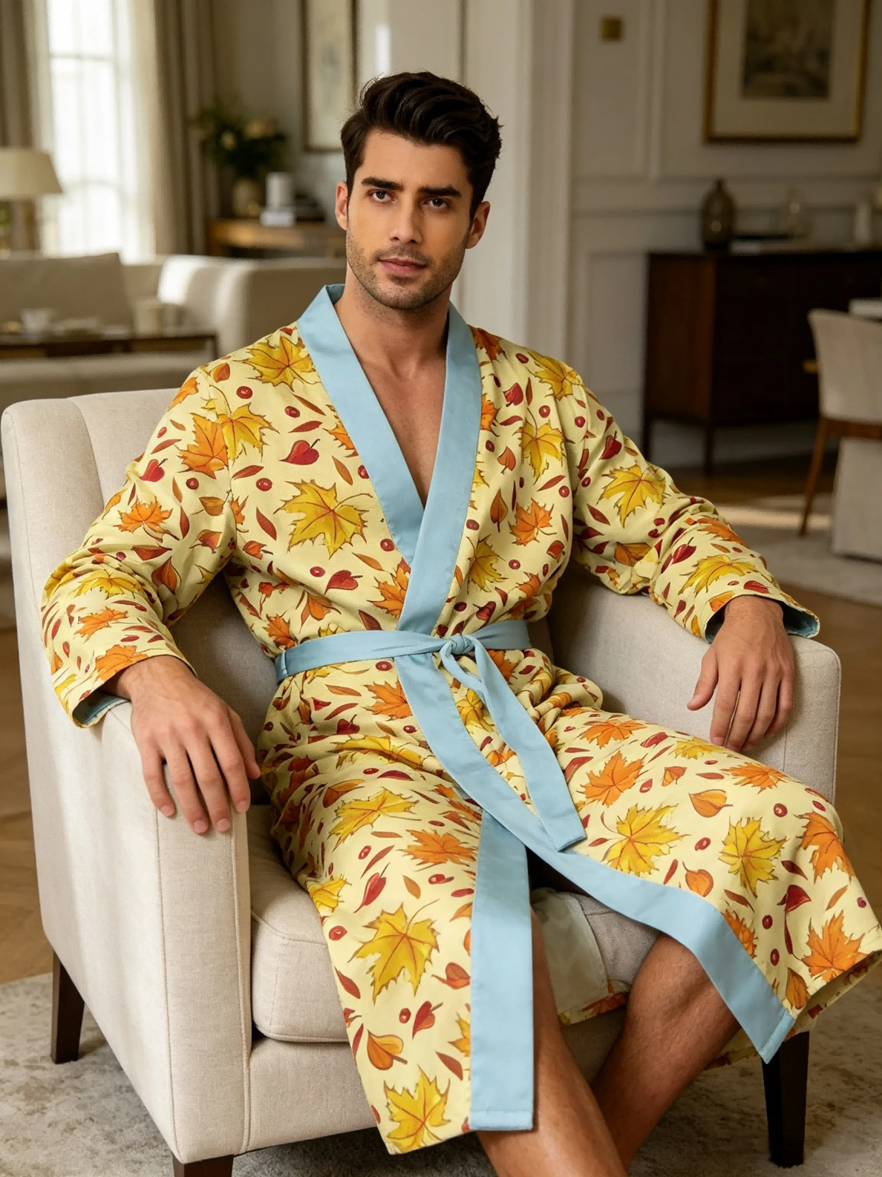 Men's lightweight quick-drying pajama bathrobe - 3D digital printing, non-fading design, stand-up collar and adjustable waistban
