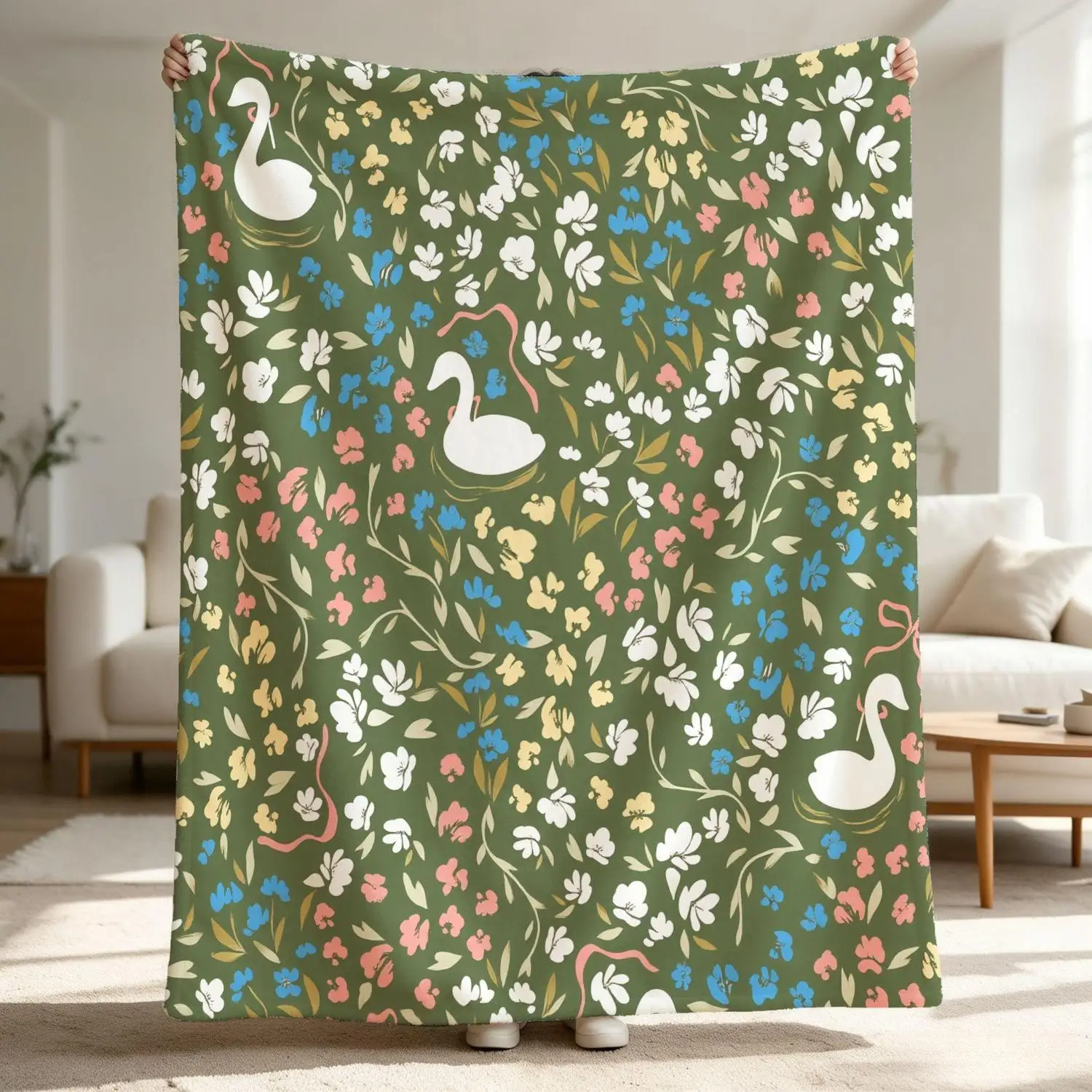 [Flannel Blanket] Swan Blanket, Vintage Forest Green Floral Pattern Blanket, Country Home Decor, Nature-Inspired Gift