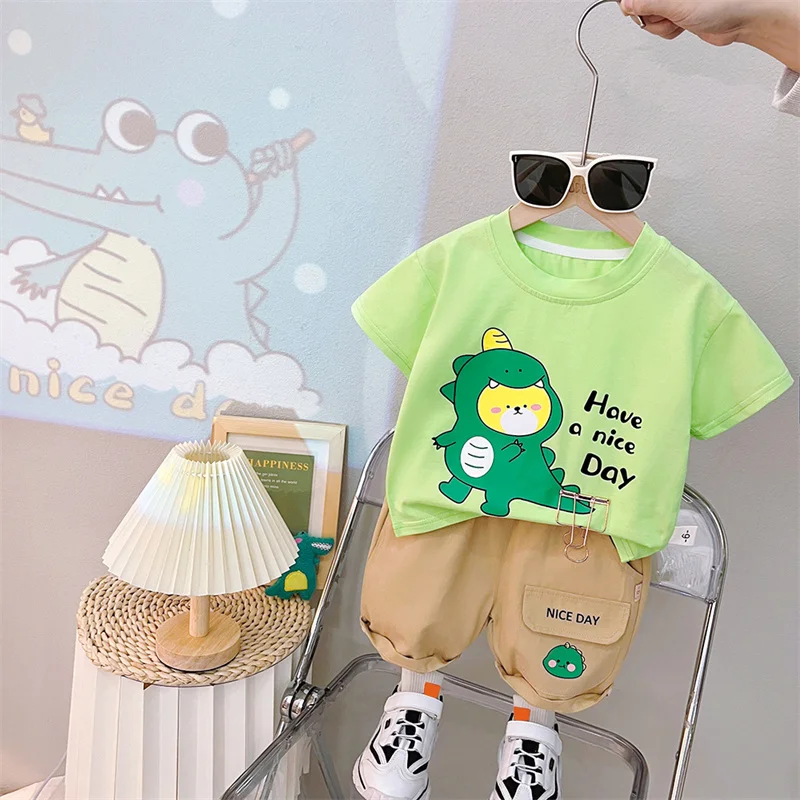 

Summer Children Clothing Sets Baby Boys Short Sleeved T Shirt Shorts Cartoon Dinosaur Kids Sportswear Infant Clothes Outfits