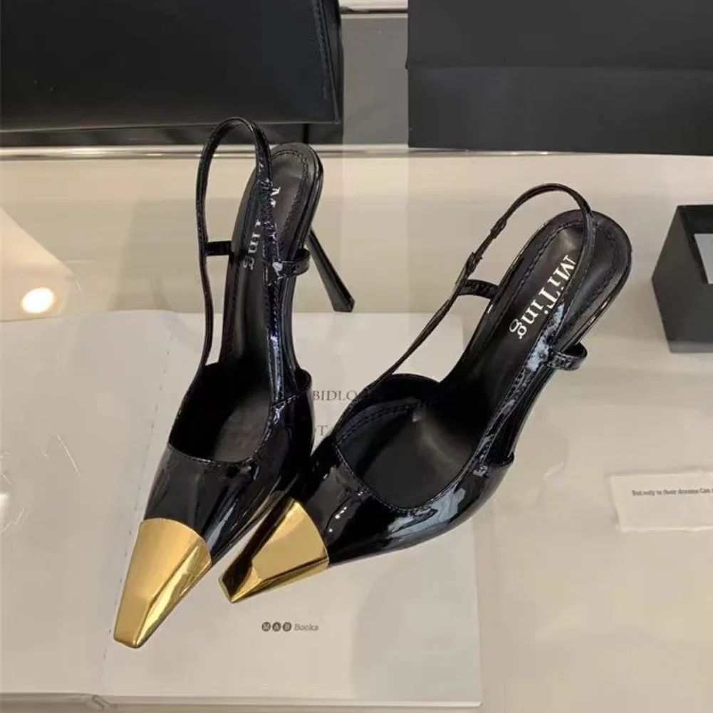 

Designer Street Style Back Strap Pumps Women Sexy Splicing Pointed Toe Elegant Thin Low Heels Mule Party Dress Shoes Sandal