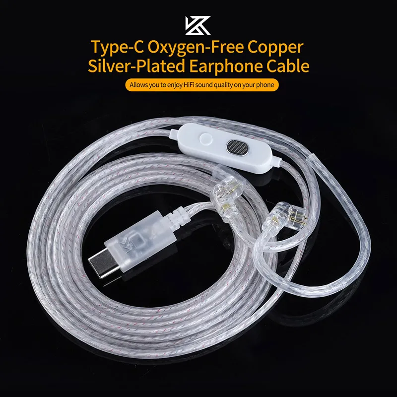 KZ Earphone Replacement Cable OFC Silver Plated 2PIN/Type-C Jack with Optional Mic HiFi Sound Upgrade Wire image 2