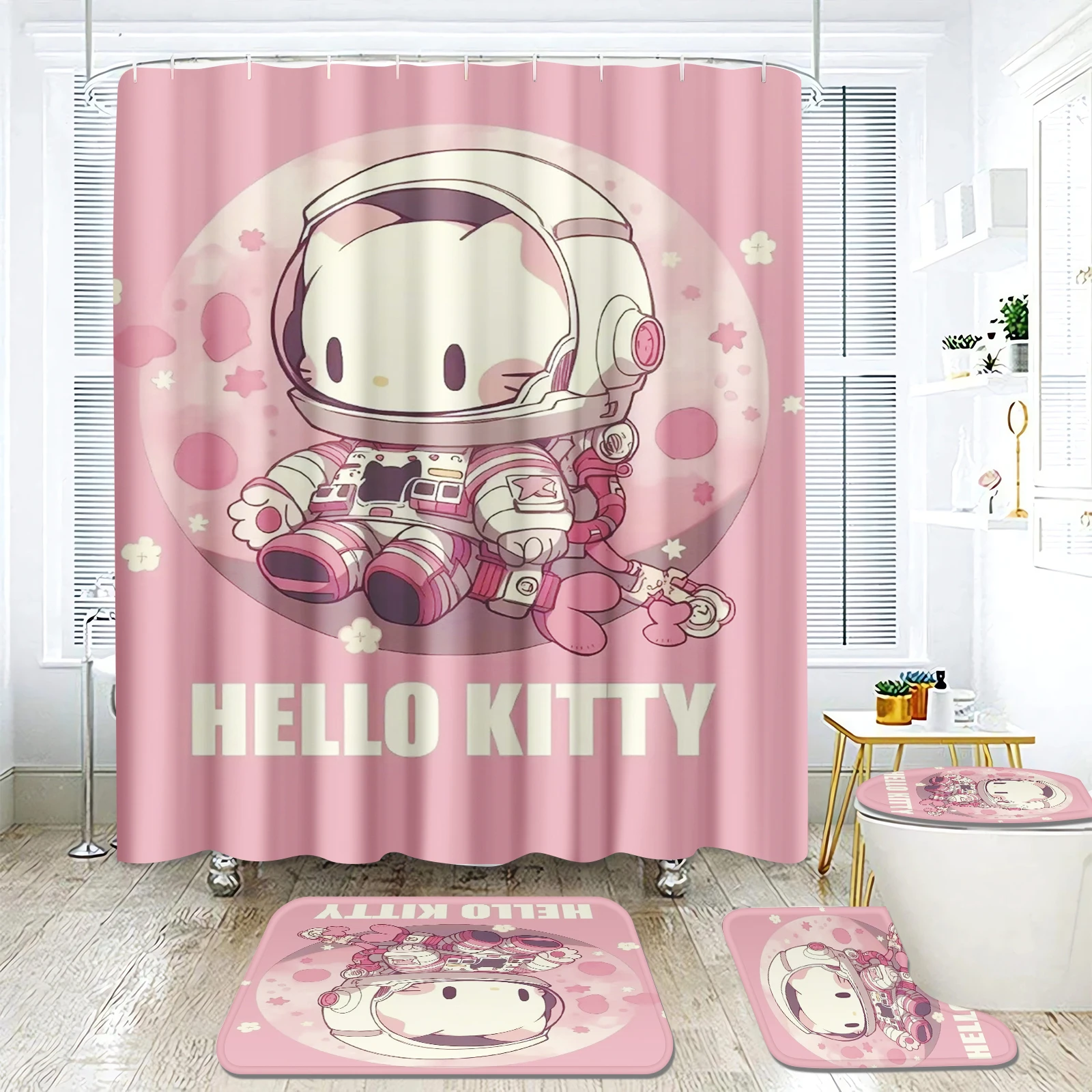 

4 Pcs Hello Kitty Cartoon Shower Curtain Set Cute Bathroom Decorations Anime Hangings Accessories General