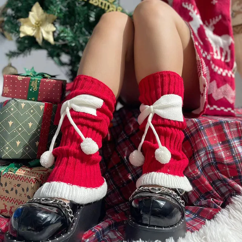 

Christmas Stockings Y2k Girls Cute Leg Warmers with Bow Plush Ball Xmas Style Kawaii Lolita Sweet JK Knitted Japanese Socks