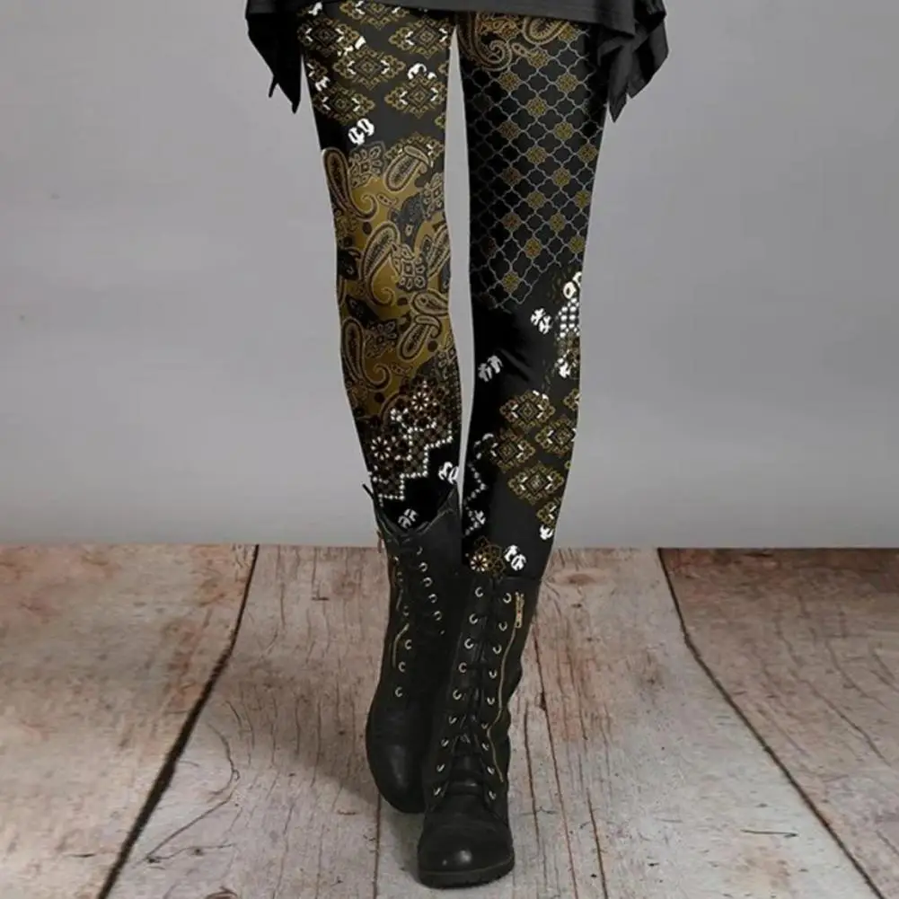 Women Skinny Pants Autumn Winter Vintage Ethnic Style Flower Print High Waist Ladies Long Leggings Trousers Womenswear