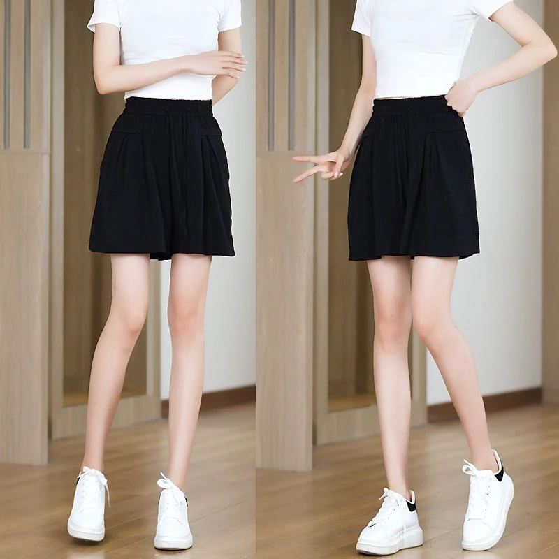Women's High Waist Ice Silk Short Pants Summer New Style Casual Thin Wide Leg Pants Draping Sensation Skirt Casual Trousers