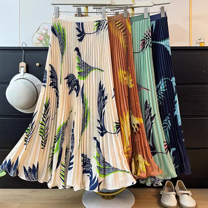 Vacation Retro Floral Print Flowy Pleated A-Line Long Skirt for Tall Women – High Waist Wide Swing Drapey Maxi Skirt Summer 2026