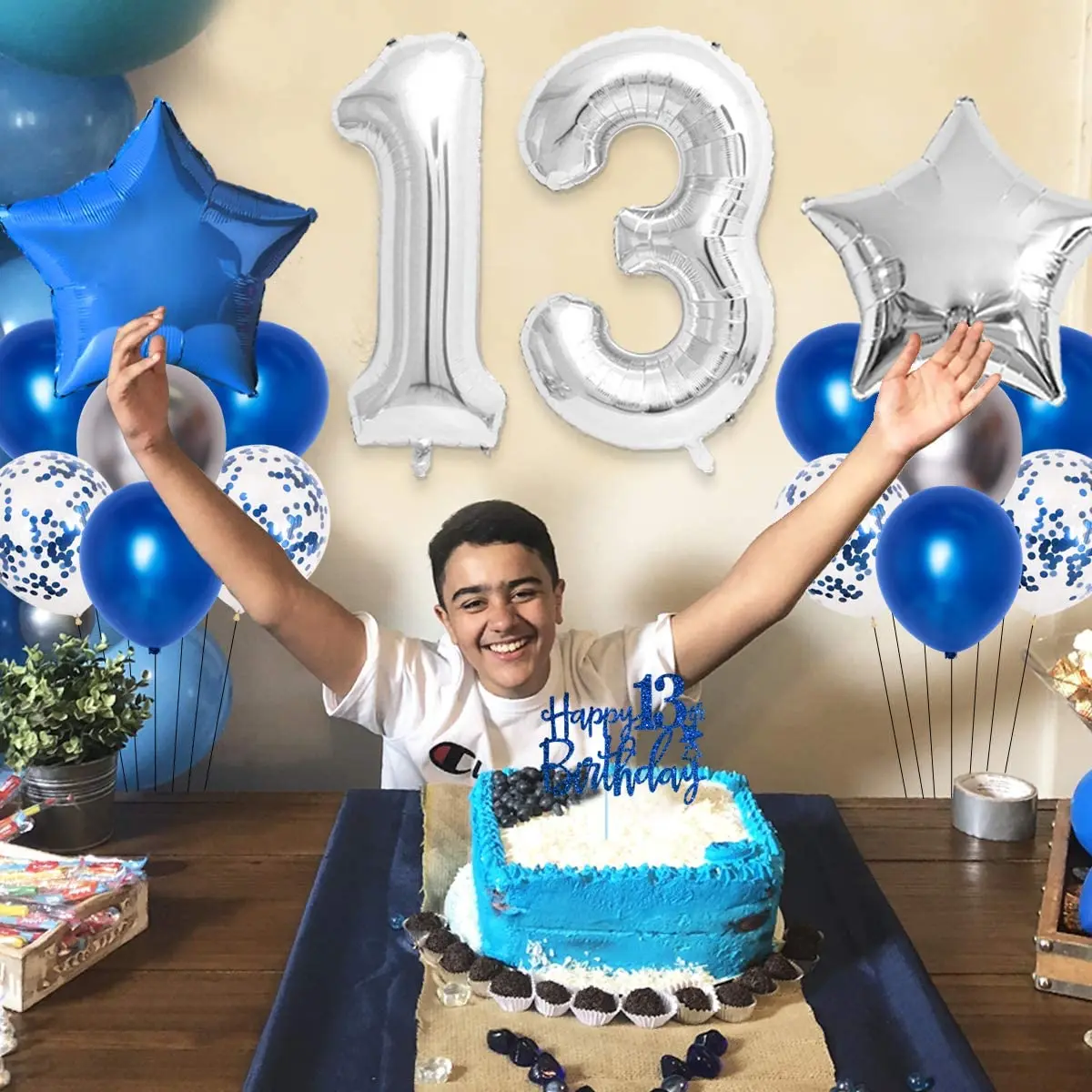 Blue 13th Birthday Decorations for Boys Girls Birthday Party Supplies Happy Birthday Balloon Banner Cake Topper Hanging Swirls