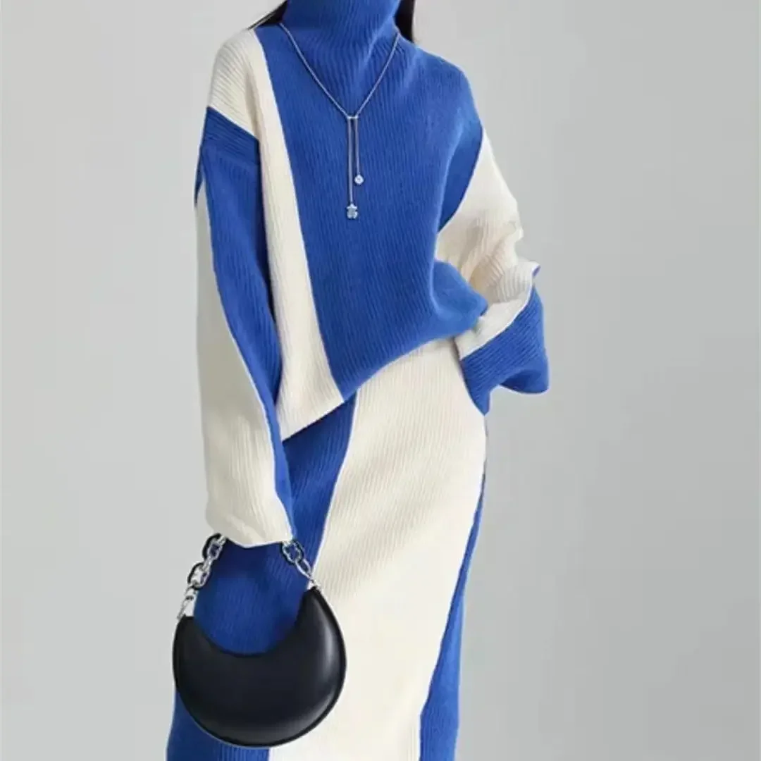 Black and White Color Contrast Two-Piece Set for Women in Autumn and Winter 2025, with A Lazy Style High Neck Knitted Sweater An