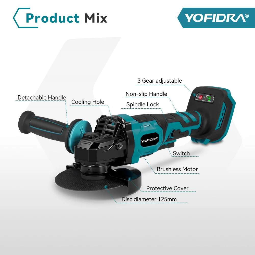 Yofidra 125mm M14 Brushless Angle Grinder 3 Gears Cordless Grinding Machine Cutting Woodworking Tool For Makita Battery Pin