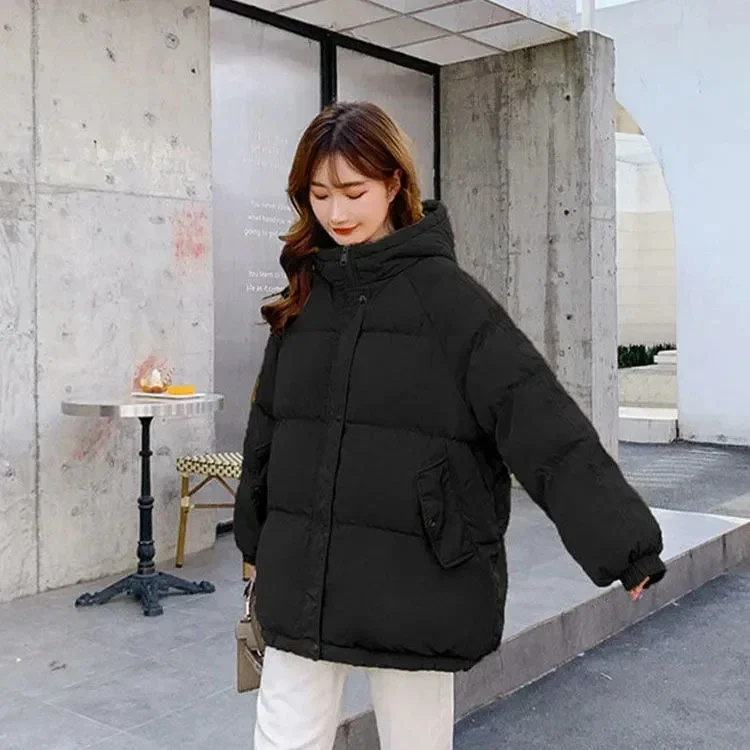 Pop pop novo 2025 mulheres jaqueta curta inverno grosso com capuz algodão acolchoado casacos feminino coreano solto puffer parkas senhoras oversize ou