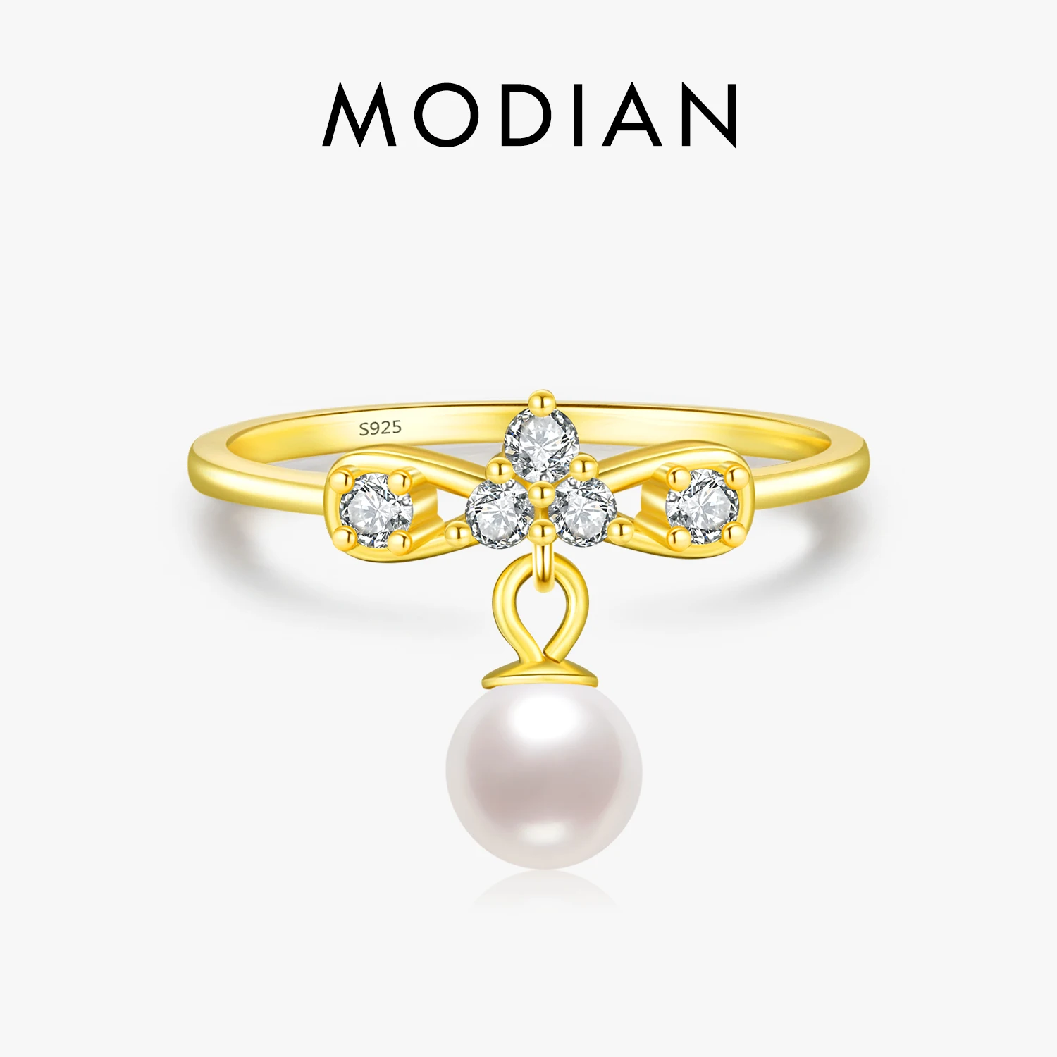 MODIAN 925 Sterling Silver Crown Crystal Pearl Swing Trendy Finger Ring Gold Color Elegant Fine Jewelry For Women Gift