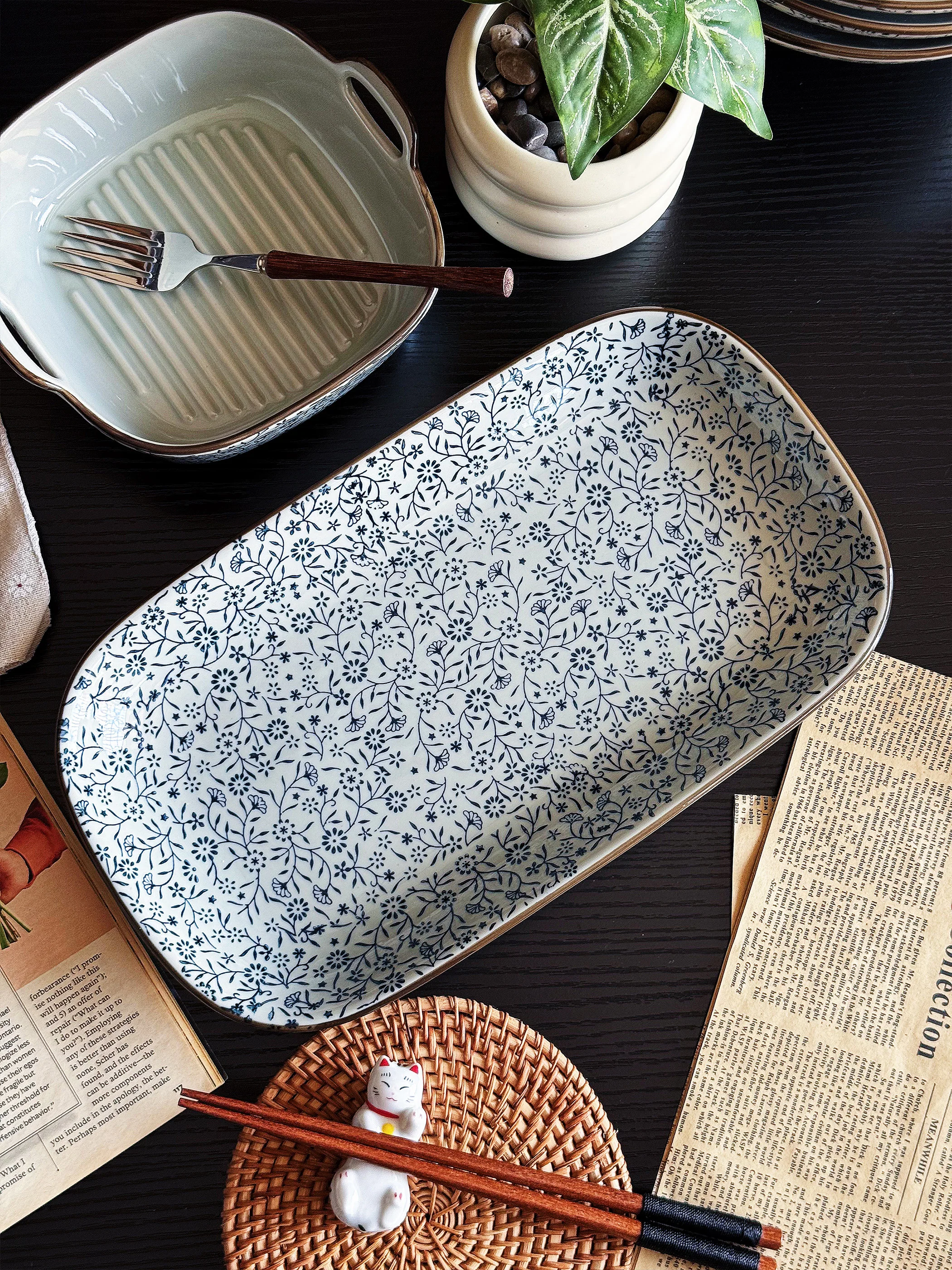 Retro Style Ceramic Fish Plate Oval Shaped Steamed Fish Dish Japanese Style Dinnerware Dishwasher And Microwave Safe