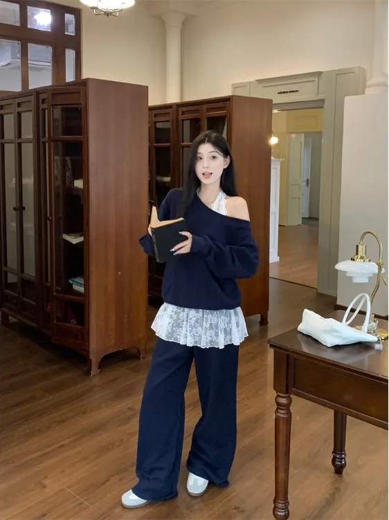 

plus Size Women's Fashion Set V-neck Lace Shirt Dark Blue Diagonal Collar Sweatshirt Casual Pants Autumn New Arrival