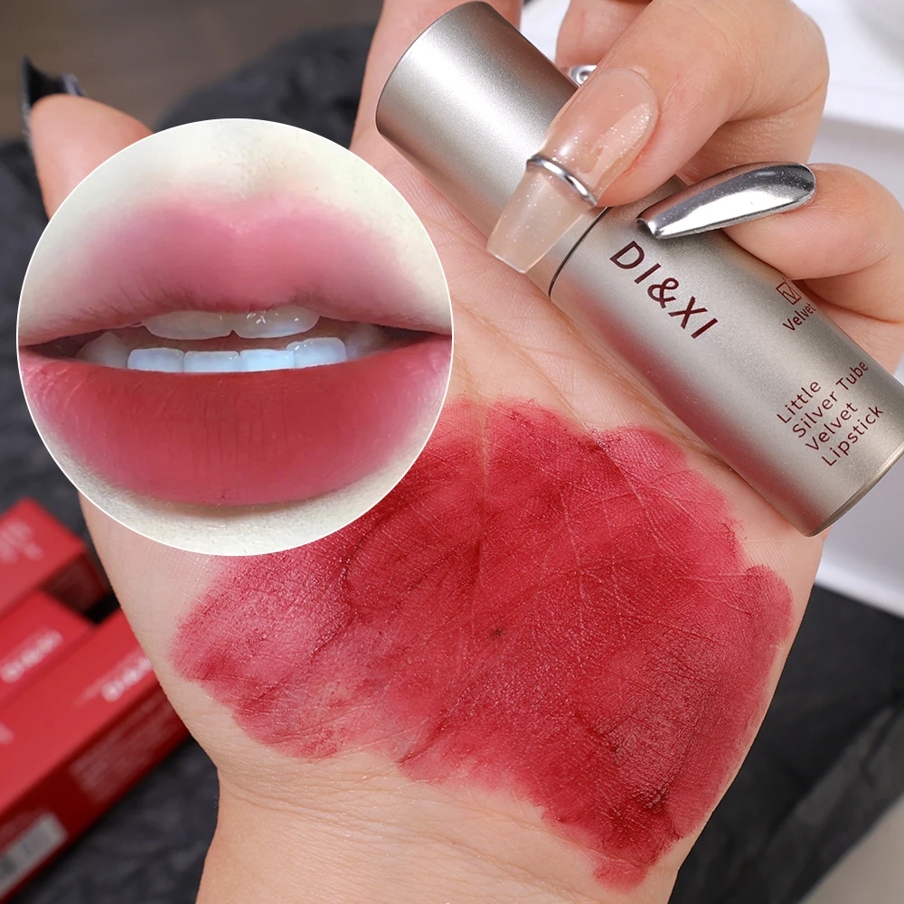 Matter Lippenschlamm, dunkelbrauner Samt-Lipgloss, kleine silberne Tube, nackter brauner, wasserfester flüssiger Lippenstift, langanhaltendes Lippentönungs-Make-up